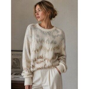 Vintage NILANI Angora Silk Sequin Sweater Ivory Glam Knit Pullover Women’s M
